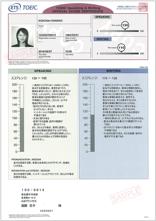 TOEIC S&W公開テスト Official Score Certificate（公式認定証）